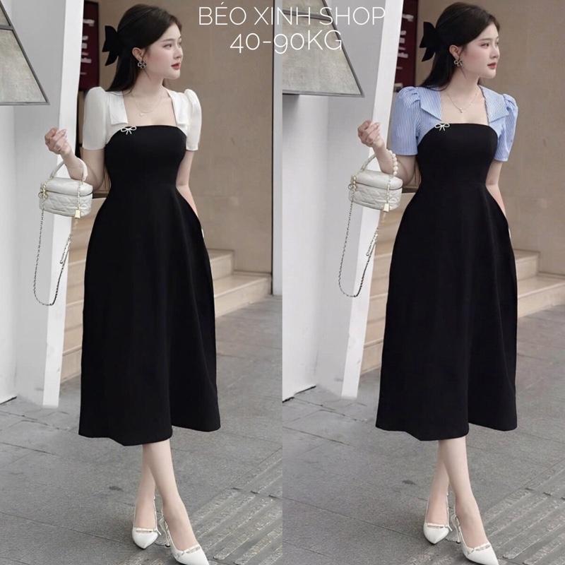 Váy Dự Tiệc Cổ Vuông Có Mút Vải Cotton Lạnh Phối Lụa 40 - 90Kg Thời Trang Nữ Béo Xinh Shop - A.1376