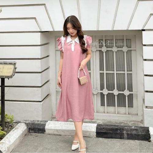 ROSELLA DRESS - Midi Dress Bahan Polo Linen Sleeveless Kombinasi Ruffle Wanita DA Grosir 3