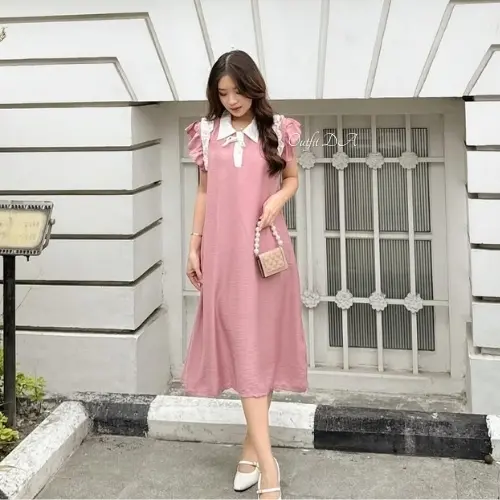 ROSELLA DRESS - Midi Dress Bahan Polo Linen Sleeveless Kombinasi Ruffle Wanita DA Grosir 2