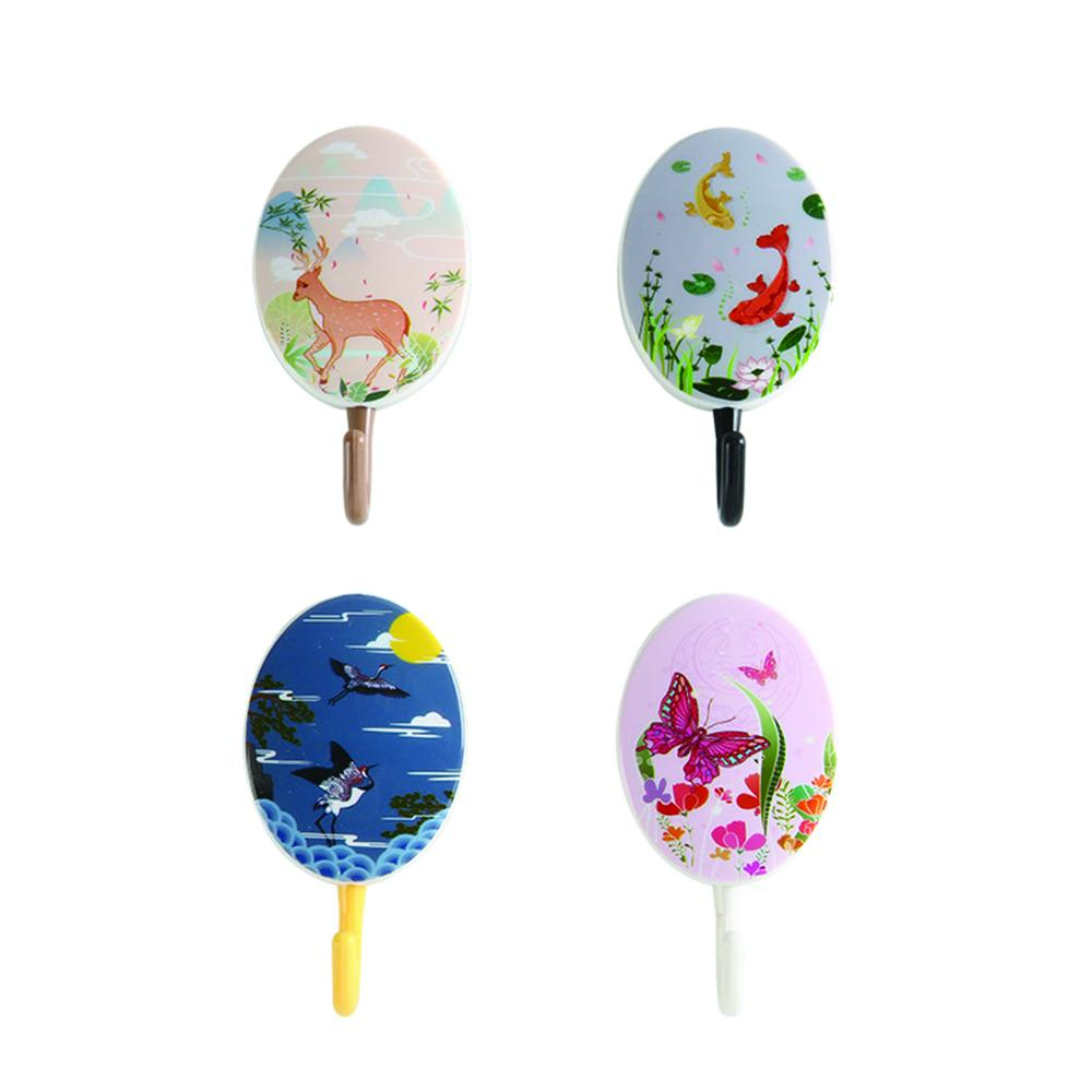 Creative Printed Plastic Hooks Adhesive Hooks for Bathroom Kitchen Wall Door Hanging Towels Clothes Hangable