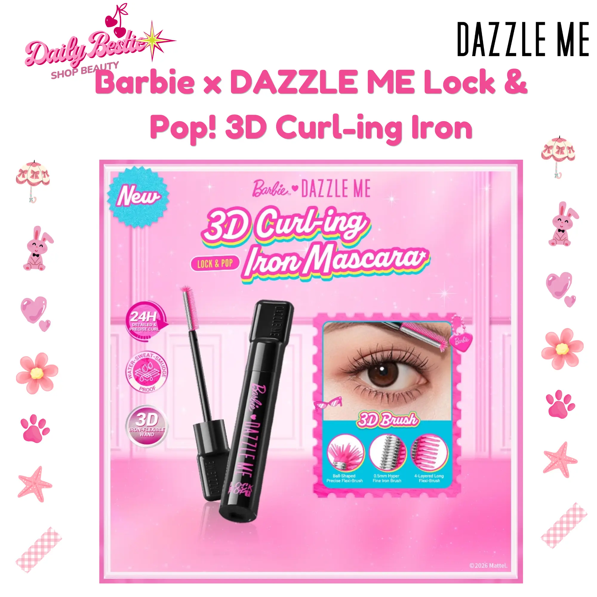 Barbie x DAZZLE ME Lock & Pop! 3D Curl-ing Iron Mascara Kosmetik Maskara Dazzle Me Melentikan Bulu Mata