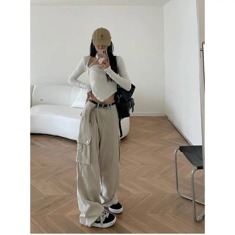 Krem New Highwaist multi pocket cargo Celana Jeans Panjang Wanita 3
