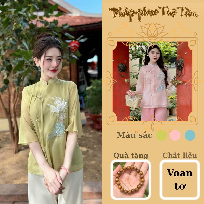  Bộ đồ đi chùa nữ cách tân voan tơ thêu hạc Pháp phục đi chùa cổ tàu dây tết cách điệu Đồ lam đi chùa 2 lớp VOAN HẠC Áo Women Kem Top trang phục truyền thống sz l  thường 