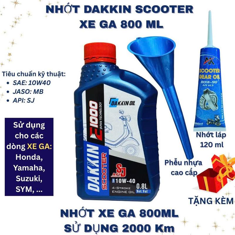  NHỚT XE GA DAKKIN E1000 10W40  0.8L  + KÈM 1 TUÝP NHỚT LÁP + KÈM 1 PHẾU NHỰA - NHỚT CHUẨN JASO MB CHUYÊN CHO XE TAY GA 