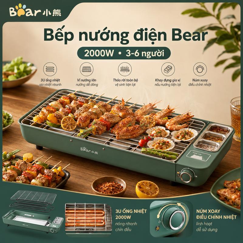 Bear Bếp Nướng Điện Bear 2000W 3-6 Người Với 3 Ống Nhiệt Nóng Nhanh Chín Đều & Núm Xoay Điều Chỉnh Nhiệt Linh Hoạt