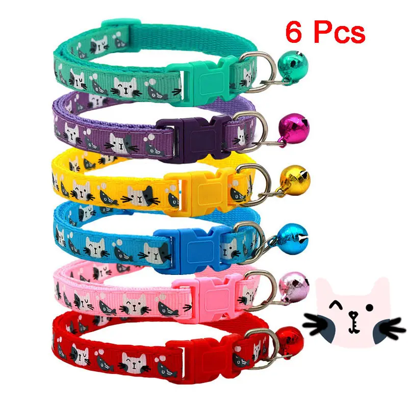 6 Pcs/set cute printed cat collar with bell breakaway kitten collar