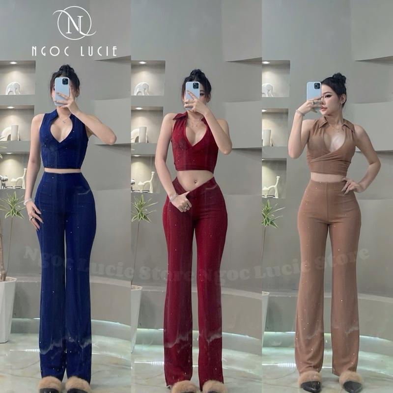 S334 - Set Đồ Nữ Áo Sát Nách Cổ Sơ Mi Đắp Chéo + Quần Ống Suông - Ngọc Lucie