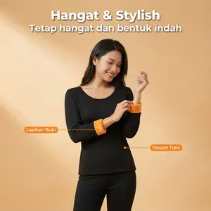 <Elok Lady>Long John Set Baju dan Celana Dalam Termal Hitam – Tebal, Hangat, dan Nyaman untuk Cuaca Dingin