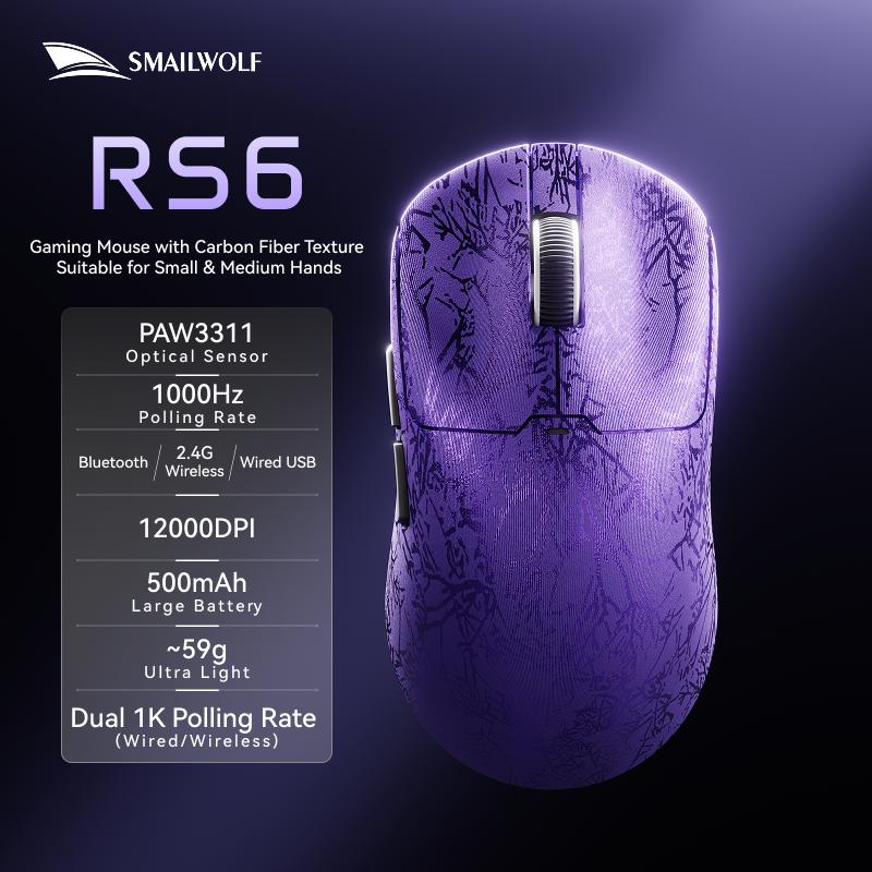 Chuột Gaming Không Dây SMAILWOLF RS6 - 3 Chế Độ Kết Nối (2.4G/Bluetooth/Type-C), Siêu Nhẹ 59g, Cảm Biến PixArt PAW3311 12000 DPI, 1000Hz