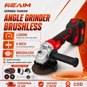 REAIM Gerinda Baterai Brushless 4 Inch 1300W Gerinda Listrik Mesin Gerinda Tangan Angle Grinder Gerinda Cordless Mesin Gerinda Baterai Grinder Listrik