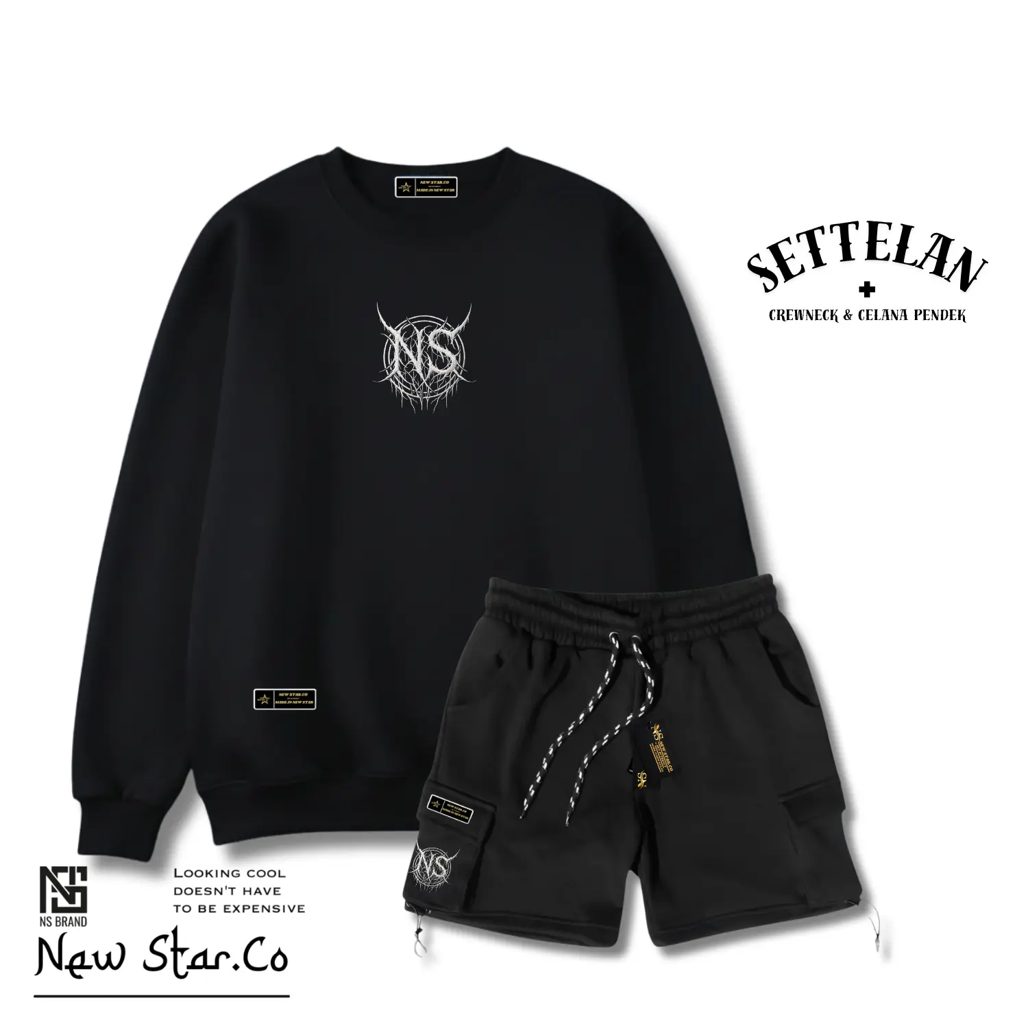 NEW One Set  Distro Pria Wanita Setellan Terbaru 2026 Crewneck & Cargo Pendek Cowok Cewek Warna Cream & Hitam List NEW STAR,CO Sweater Oversize Size M-XXL