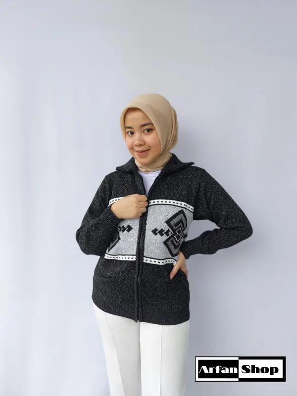 Jaket Rajut Resleting Leher Tinggi Tebal Premium Pria Wanita | Sweater Knit Zipper Turtleneck Motif Saku | Knitwear Baju Hangat Ibu 2