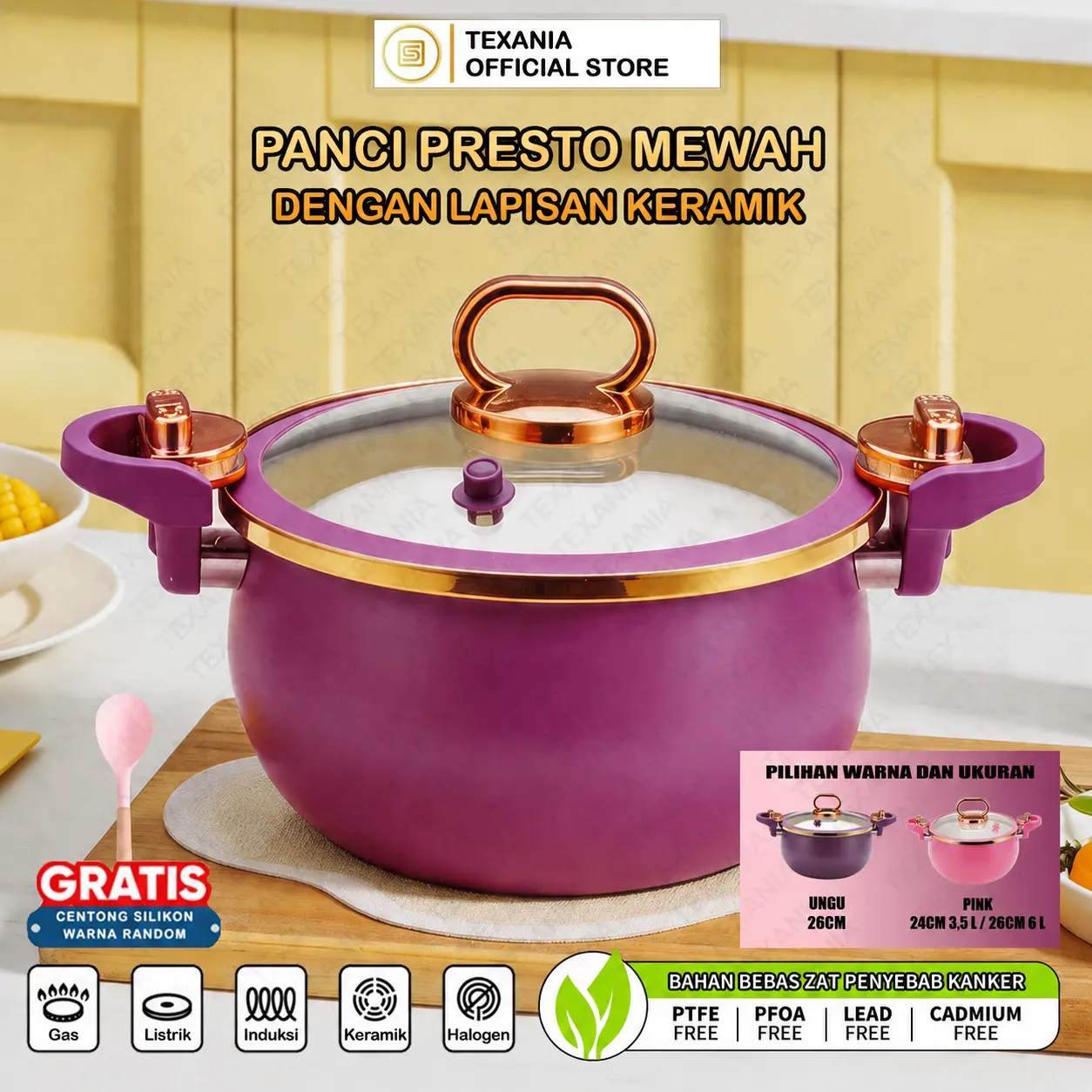 [ISCHAINDYOFC] PO 30 HARI TEXANIA Panci Presto Mewah Anti Lengket Bahan Keramik 24cm 3,5L / 26cm 6L Free Centong Silikon - Kitchenware