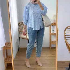 Kemeja Salur Wanita Terbaru 2023 / Kemeja Muslim Trendi Katun Nyaman Linen White Biru Kancing Atasan