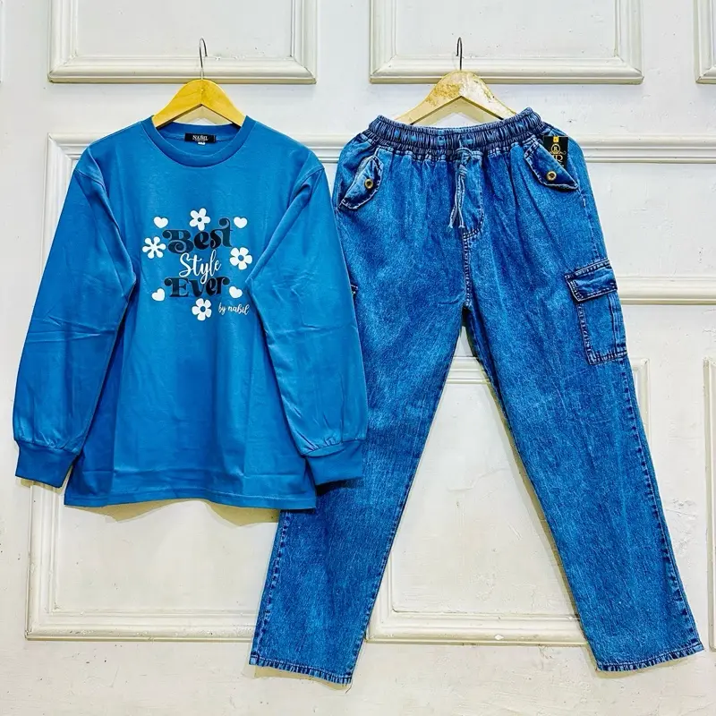 SETELAN BAJU COMBED CELANA KULOT JEANS CARGO, OOTD WANITA DEWASA KEKINIAN SETELAN MODIS BAHAN ADEM TEBAL NYAMAN DI PAKAI Atasan Kombinasi jeans Panjang