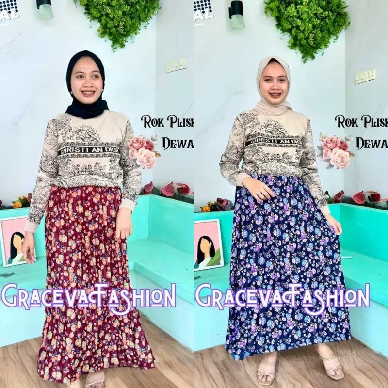 Rok Plisket Motif Daily Wanita - Rok Plisket Payung Panjang Koran Style 2