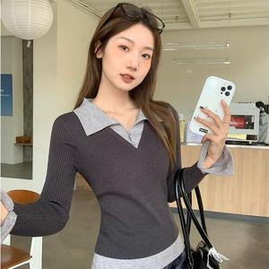New Colorblock Two-Piece Knit Sweater for Women, Spring Inner Layer Polo Neck Flare Long Sleeve Casual Top Z8714# Fitted Womenswear