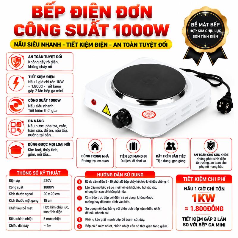 Bếp Điện Mini Đun Nấu 1000W – Bếp Điện Đơn Nhỏ Gọn, Điều Chỉnh 5 Mức Nhiệt