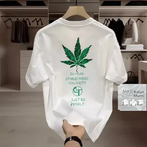 Kaos Pria Gaya Korea Retro Santai Sederhana dengan Gaya Kasar Keren, Cetak Motif Daun Maple, Model Baru 2025 Musim Panas, COD