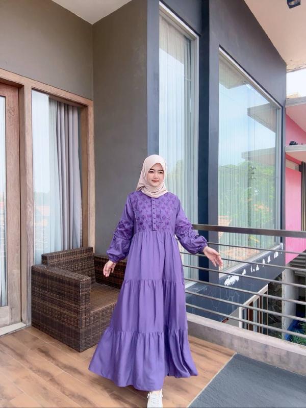 Gamis Slavina Bordir Busui Kancing Muslim Wanita Simple Elegant Mayung Twill Nyaman Rempel Cantik 7