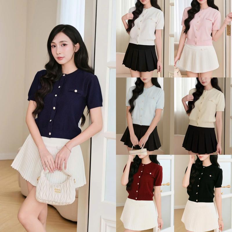 DELIZ - Áo len polo nữ cho mùa hè cộc tay phối cúc vàng thanh lịch - PL48