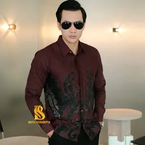 ADHINATA Burgundy Baju Motif BATIK Pria Kerja  Dewasa NARADIPTA slimfit full furing bahan katun prima premium lengan panjang casual Formal nyaman  Hitam big & tall xxl