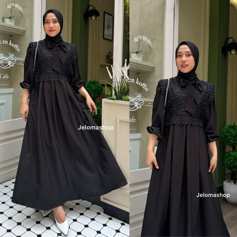 Dress Muslimah LOLI Wanita Model Rompi Tille Bordir dengan Leher Pita dan Lengan Karet - Fit Menyusui Cantik 4