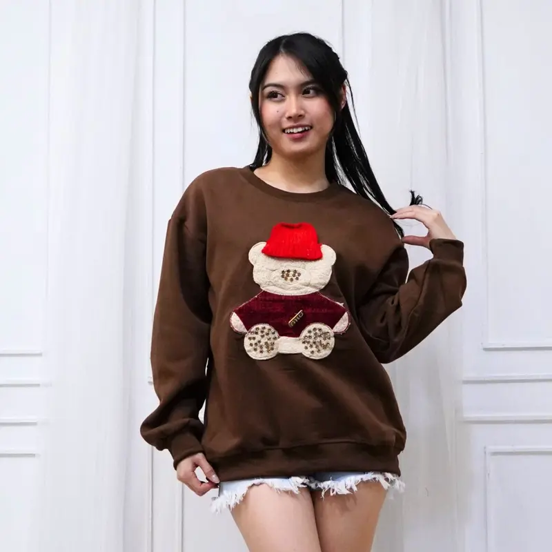 SWEATER BERUANG TOPI MERAH SWEATER SKENA WANITA ATASAN IMPORT BANGKOK BORDIR FLECCE TEBAL FASHION KOREAN STYLE CASUAL LONG SLEEVE HIJAB FRIENDLY CREWNECK SWEATSHIRT CEWEK BASIC FLEECE PANJANG NYAMAN SANTAI sweater fuji Kaos Kerah Oblong Oversize Baju 6