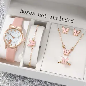 Jam Tangan Kuarsa Wanita Lucu Telinga Kucing Penunjuk Dial PU Tali Kulit Jam Tangan Perhiasan Kupu-Kupu Hadiah Gratis Jarum Kaca Quartz Watches (Tanpa Kotak)