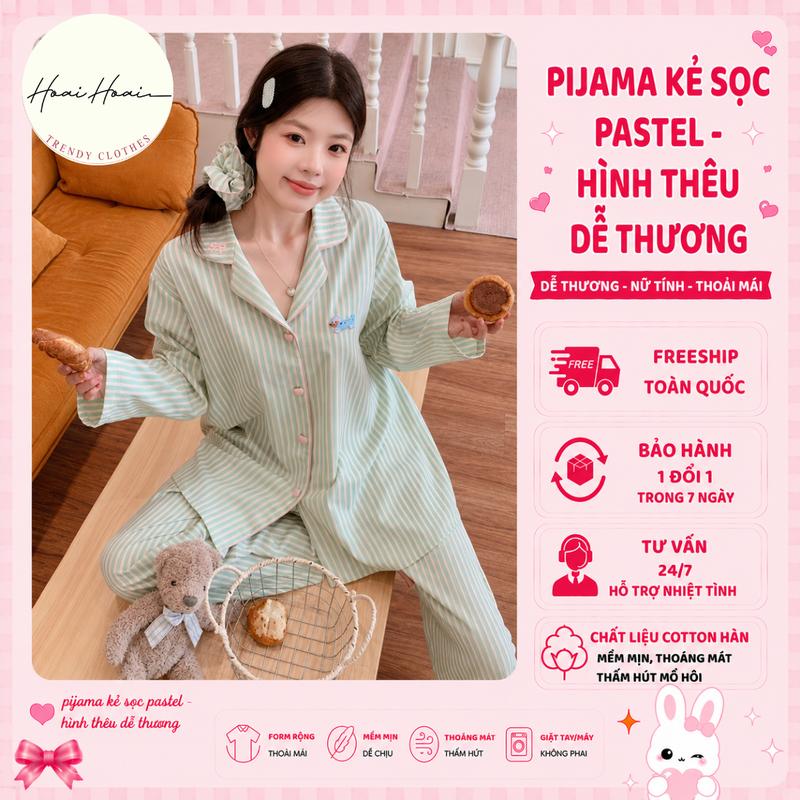 (A9) Bộ Pijama Cotton Hàn Kẻ Sọc Pastel Thêu Dễ Thương - Mềm Mịn Thoáng Mát - Hoài hoài Clothing