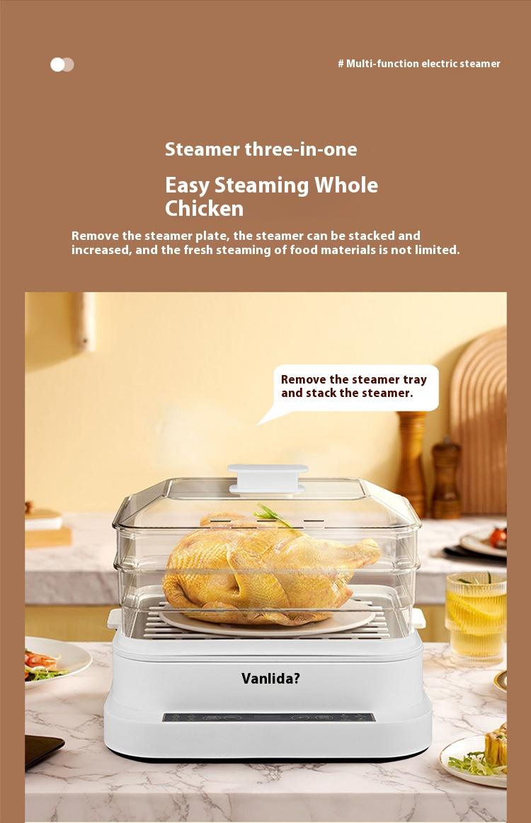 Product Introduction of The bottom of the multi-layer composite pot is quickly and evenly heated, steamed fish and vegetables are steamed out of a pot, and the lid is intelligent and timed to prevent dry burning. Protection 9
