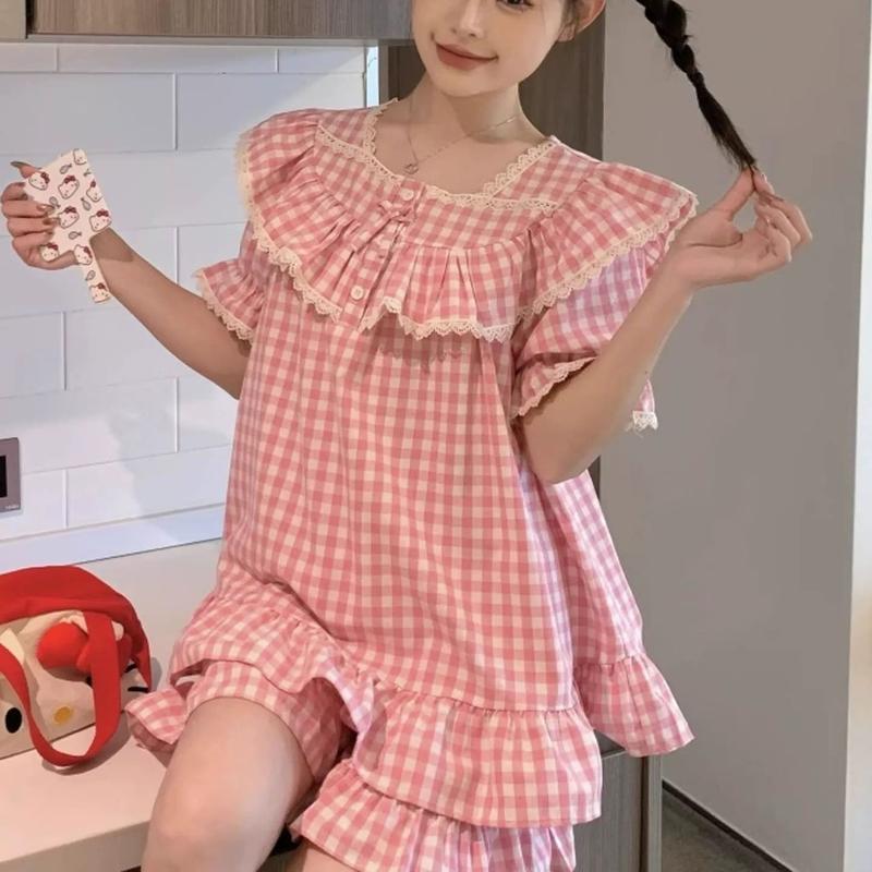 [ ĐỒ NGỦ NỮ REN NGỰC ] Bigsize PINK Pijama Mùa Hè Dễ Thương Bộ Cộc Tay Đũi Ngắn Cute Mặc Nhà Cao Cấp Tiểu Thư Form Rộng