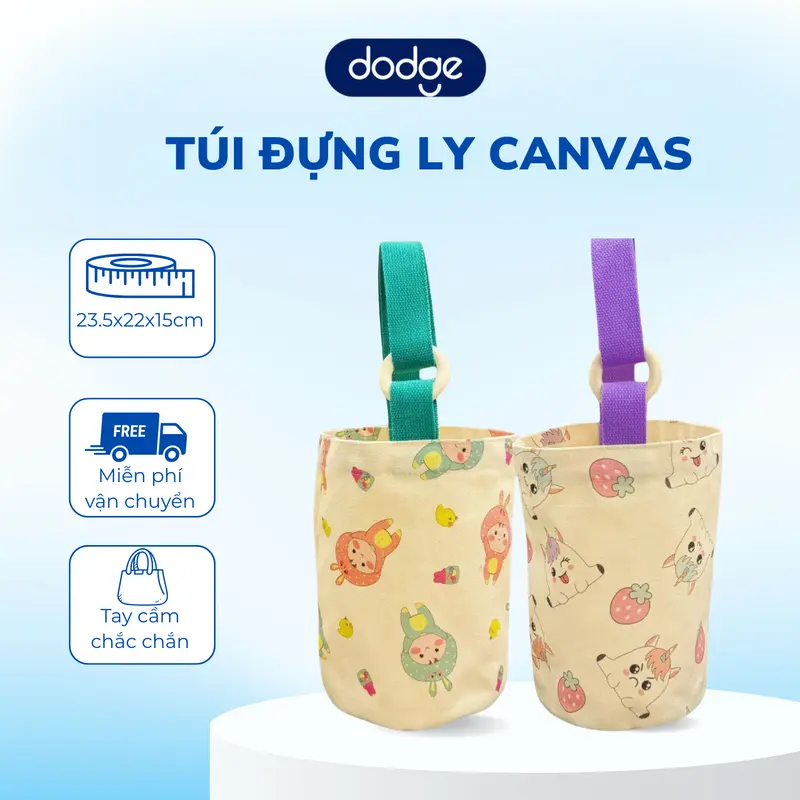 Túi vải canvas đựng bình ly giữ nhiệt có quai xách cute, Túi đựng bình hoạ tiết hoạt hình gấu trúc xinh xắn 0