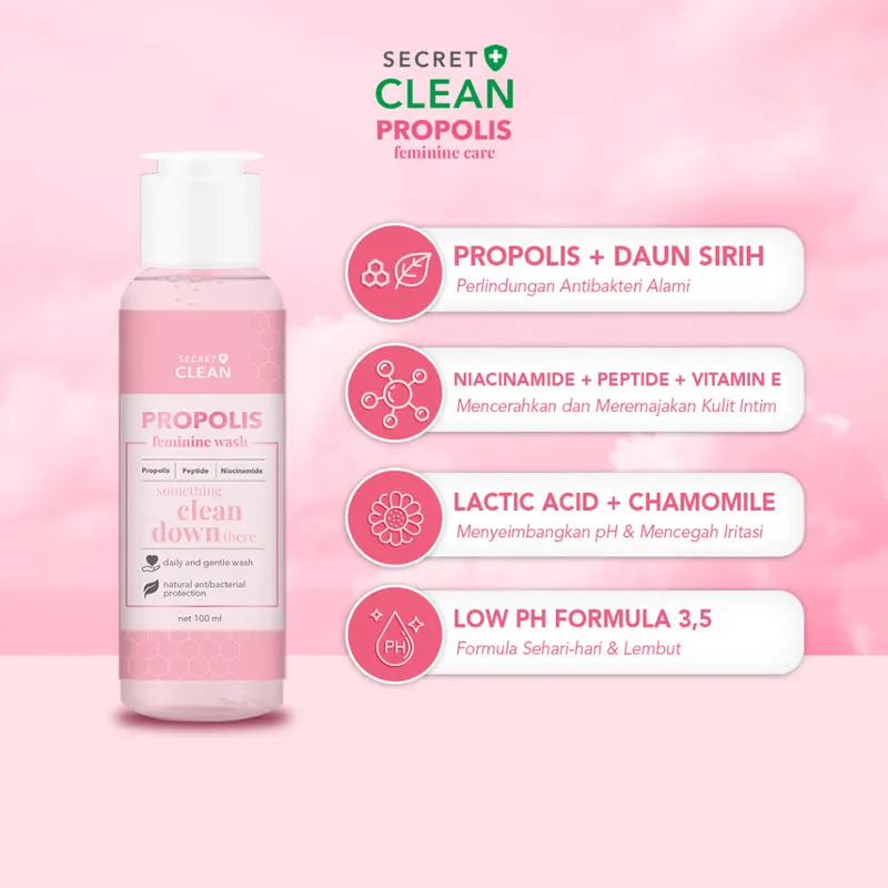 SECRET CLEAN Propolis Feminine Wash | Pembersih Kewanitaan 100ml | Peptide Niacinamide | Clean 1