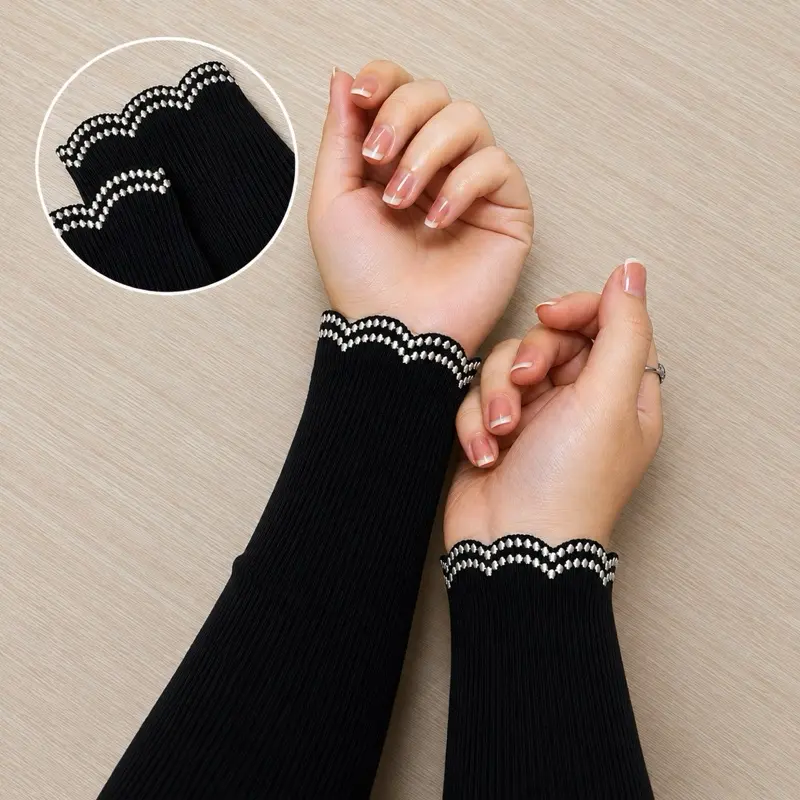 ELMEERA Handsock Rajut Anti UV Wanita Premium Manset Tangan Knit Stretch Adem Bordir Scallop Elegant Nyaman & Stylish untuk Daily Activity Muslim Hijab - Panjang