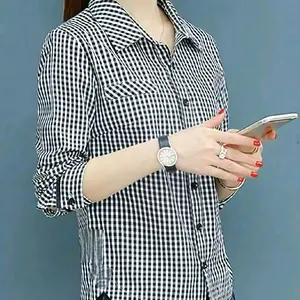 Blouse Motif Kotak Stripe/Atasan Wanita Kancing Kekinian Lengan 7/8 Motif Kotak Katun Lembut Formal Casual