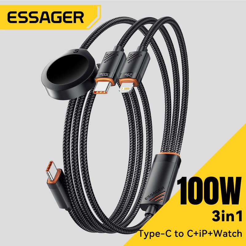  Cáp sạc đa USB C Essager 3 trong 1 100W Tương thích với Apple iWatch và iPhone 16   15   14   13 Pro Có Cáp sạc nhanh Type C Lightning 