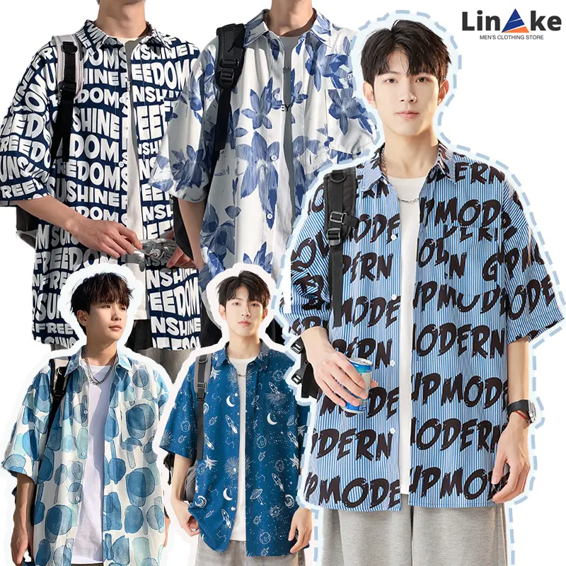 Plankton Shuai flower shirt men's short sleeve summer ice silk thin inch shirt casual mid-sleeve Hawaiian shirt inch wear free ironing