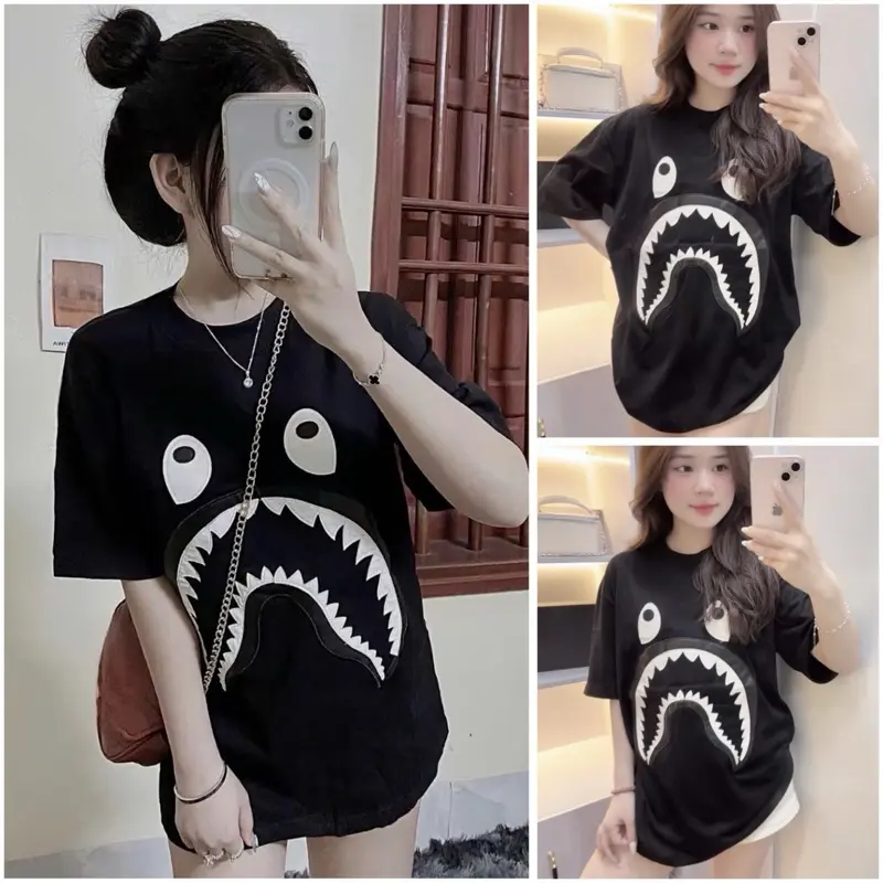 Áo phông thêu đáp hình Hàm Cá Mập cute . Cổ tròn chất cotton khô ( Độ dày vừa Phải ).unisex nam nữ