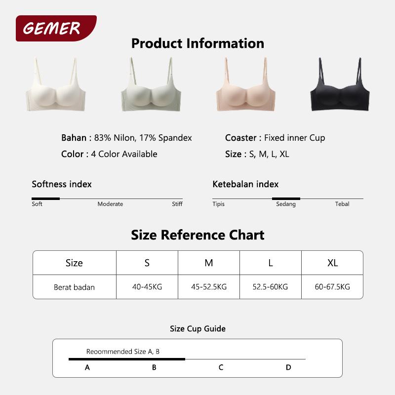 GEMER Bra Cup B Push-Up Tanpa Kawat Tanpa Jahitan dan Tak Terlihat Pakaian Dalam Wanita Cup Lebar untuk Kenyamanan Maksimal