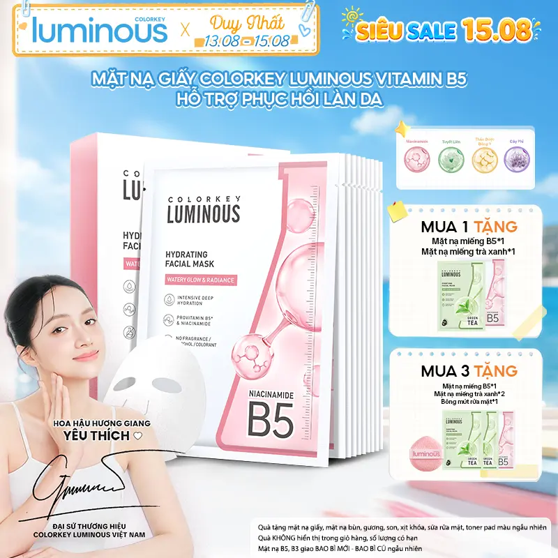 1 Hộp 10 Miếng Mặt Nạ Giấy Colorkey Luminous Vitamin B5 Hỗ Trợ Cấp Ẩm Làn Da Nhiều Dưỡng Chất 25ml/miếng