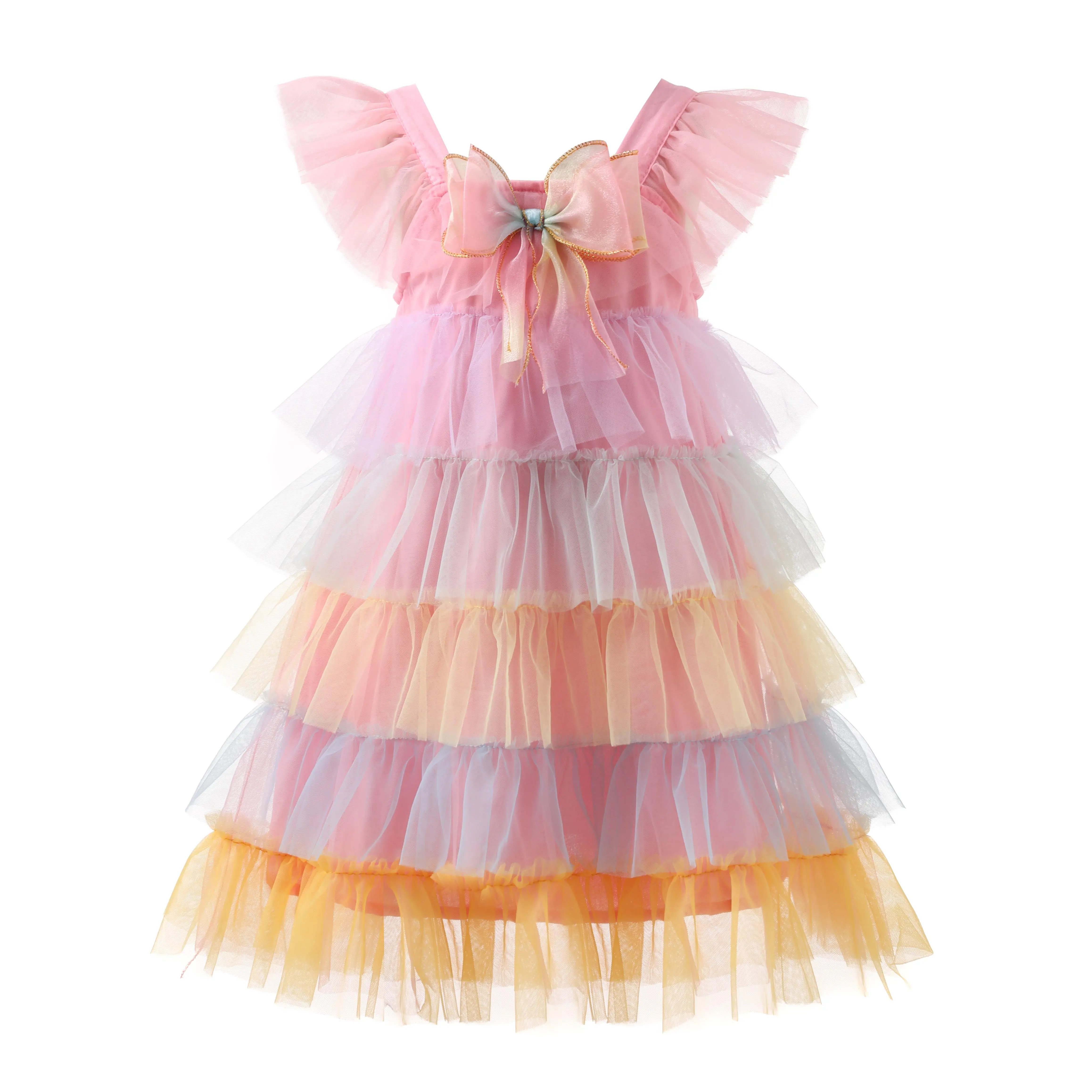 Toddler Girls Sweet Tulle Flutter Trim Layered Mesh Dress For Summer Party Birthday Gift