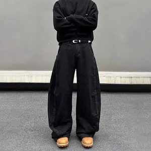Jeans lurus longgar hitam gaya jalanan Amerika untuk pria-Desain busana, celana kaki lebar serbaguna