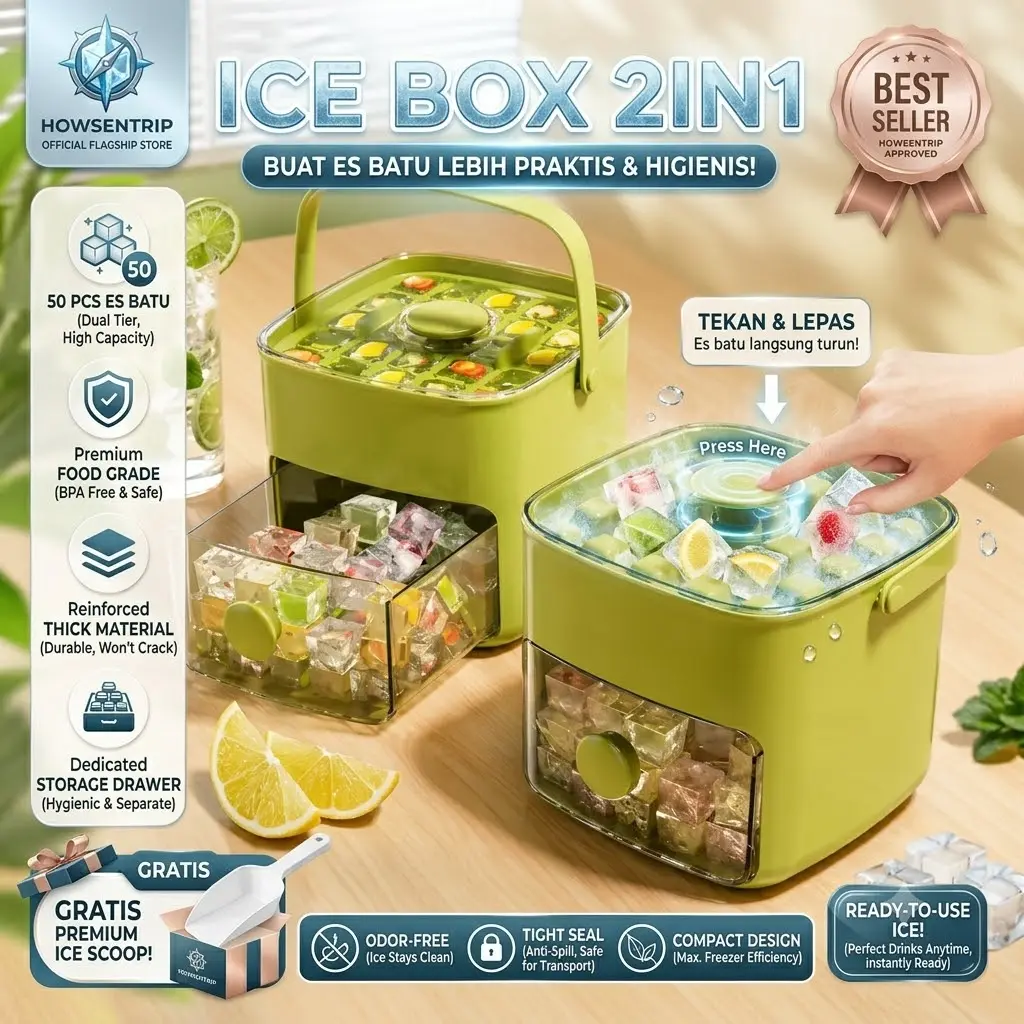 [HOWSENTRIP] Ice Cube Maker Cetakan Es Batu Silikon 50 Grid Press Handle 2 Susun + Sekop