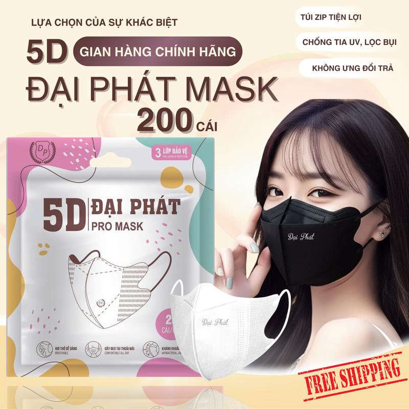 Bộ 200 Khẩu Trang cao cấp 5D Đại Phát Pro Mask Chống Nắng UV 3 Lớp Polyester Mềm Mịn Lọc Bụi Mịn 99.99% Quai Co Giãn Nhiều Màu Sắc Top 10 Việt Nam Túi Zip Tiện Lợi Chống Tia UV Lọc Bụi