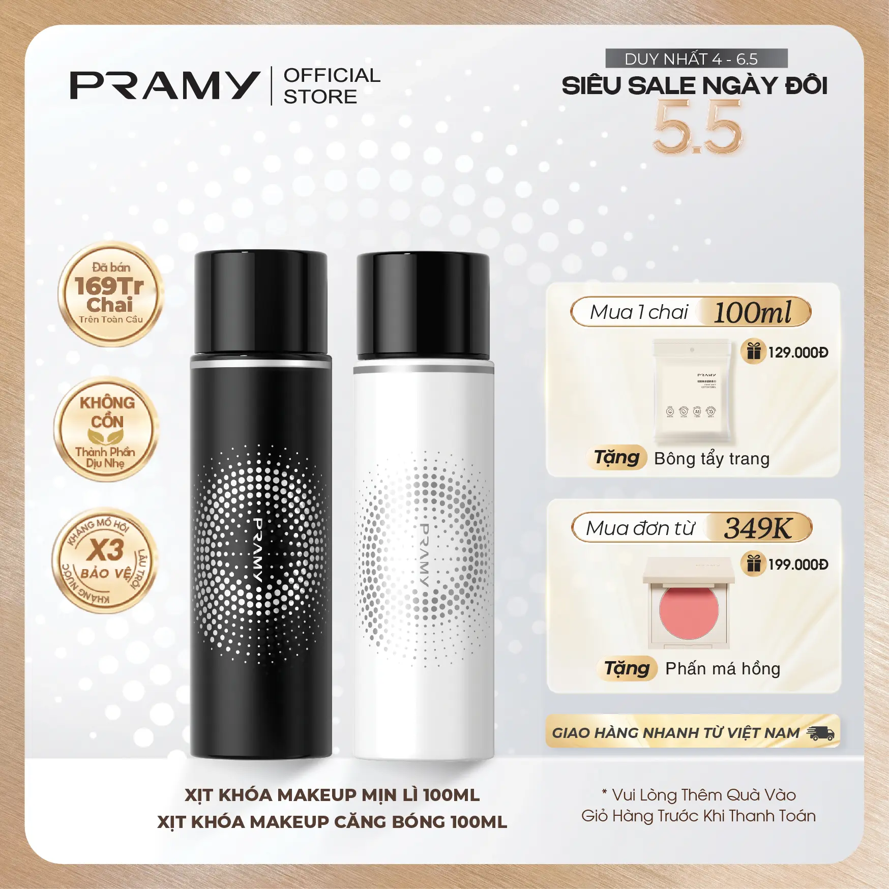 PRAMY Xịt Khoá Nền Trang Điểm Dưỡng Ẩm Kiềm Dầu, Lâu Trôi Không Chứa Cồn 100ml