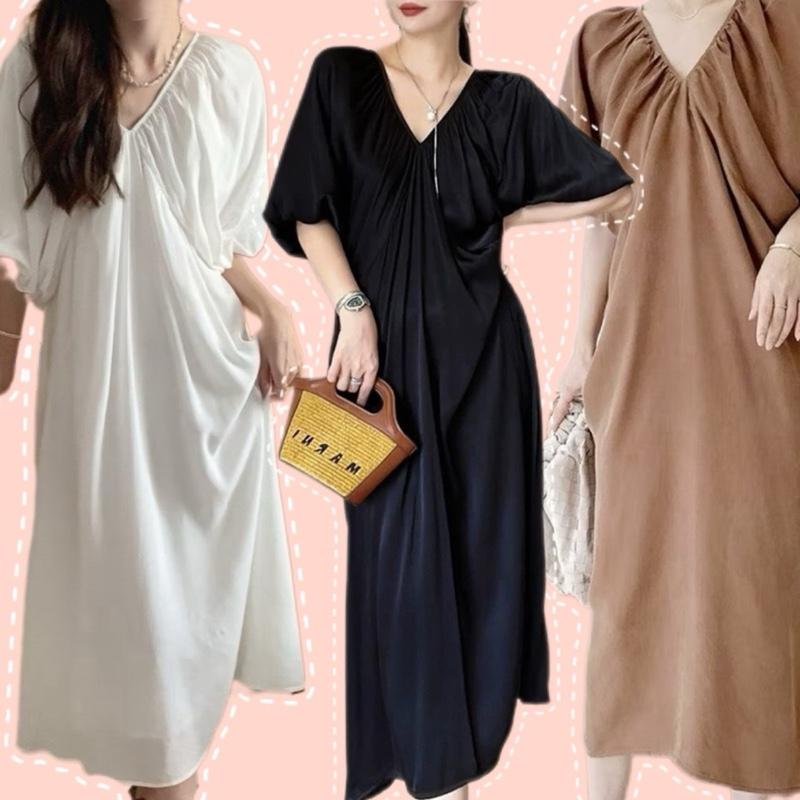 ￼Túi2bên~ĐẦM CỔ V TAY PHỒNG ĐŨI KHÔNG NHĂN FORM SUÔNG BASIC XẺ TÀ SAU VÁY SUÔNG FREESIZE