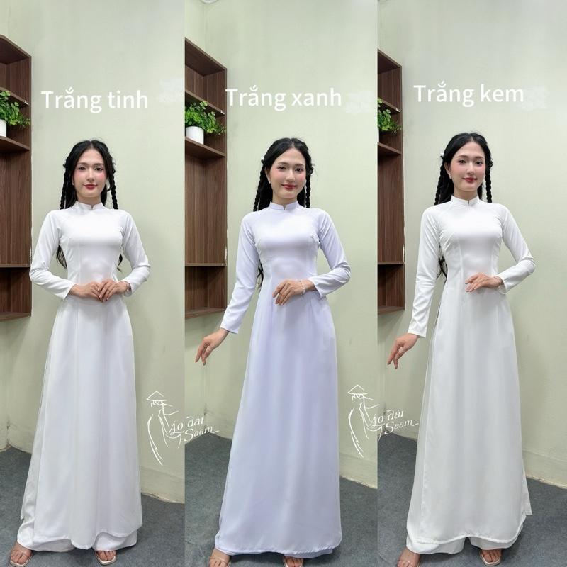 [TAY DÀI] (SẴN HÀNG) Áo Dài trắng học sinh lụa mỹ 2 tà thướt tha. Nữ Màu Trắng Women Kem Dress