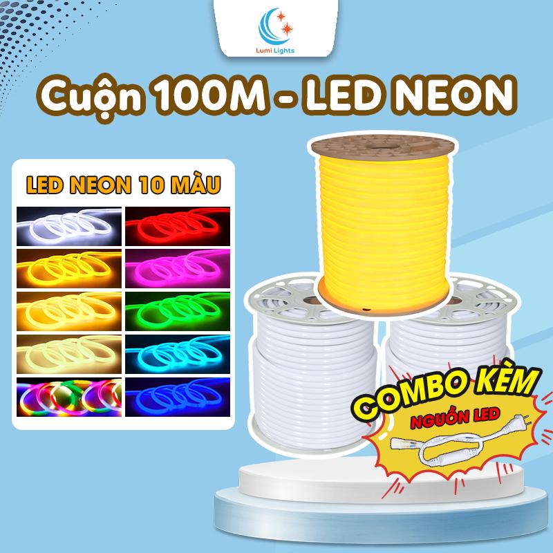 Cuộn 50m - 100m Led NEON 360 Độ 10 Màu Chống Nước Kèm Nguồn Trang Trí Trong Nhà Ngoài Trời Dây Led NEON 14mm Uốn Dẻo Linh Hoạt