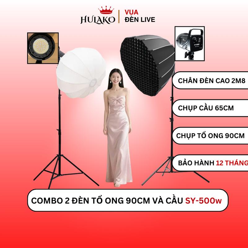 Combo 2 Đèn Livestream Trợ Sáng Chuẩn Studio Công Suất 500w Chụp Cầu 65cm Và Chụp Tổ Ong 90cm Phù Hợp Cho Quay Video Livestream Chuyên Nghiệp